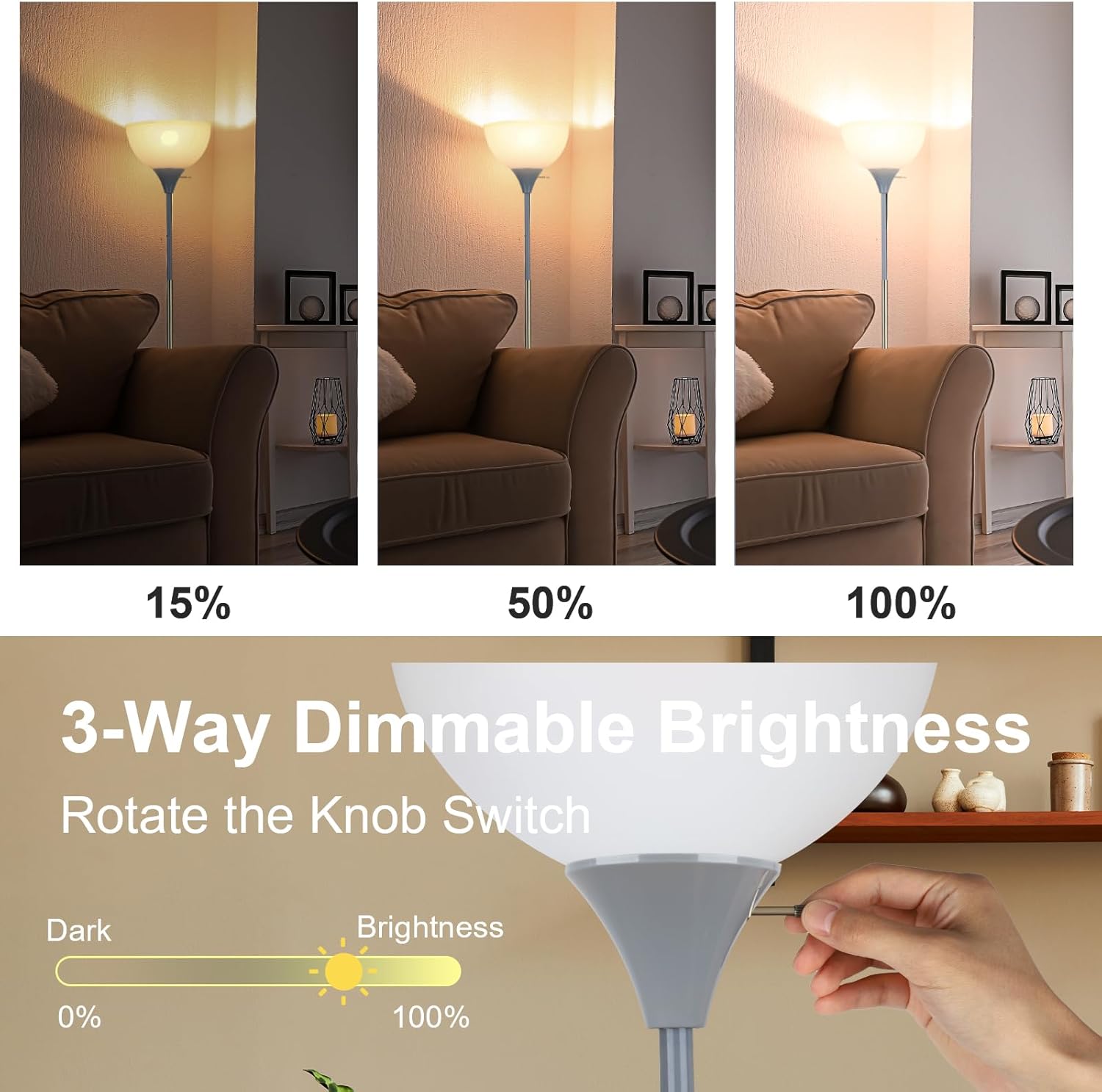 Floor Lamp, LED Standing Lamp 3 Way Dimmable Brightness Floor Lamp Rotary Switch Floor Lamps Modern Industrial Lamp with Shade, Tall Lamps for Living Room Bedroom Office Dining Room (Grey)